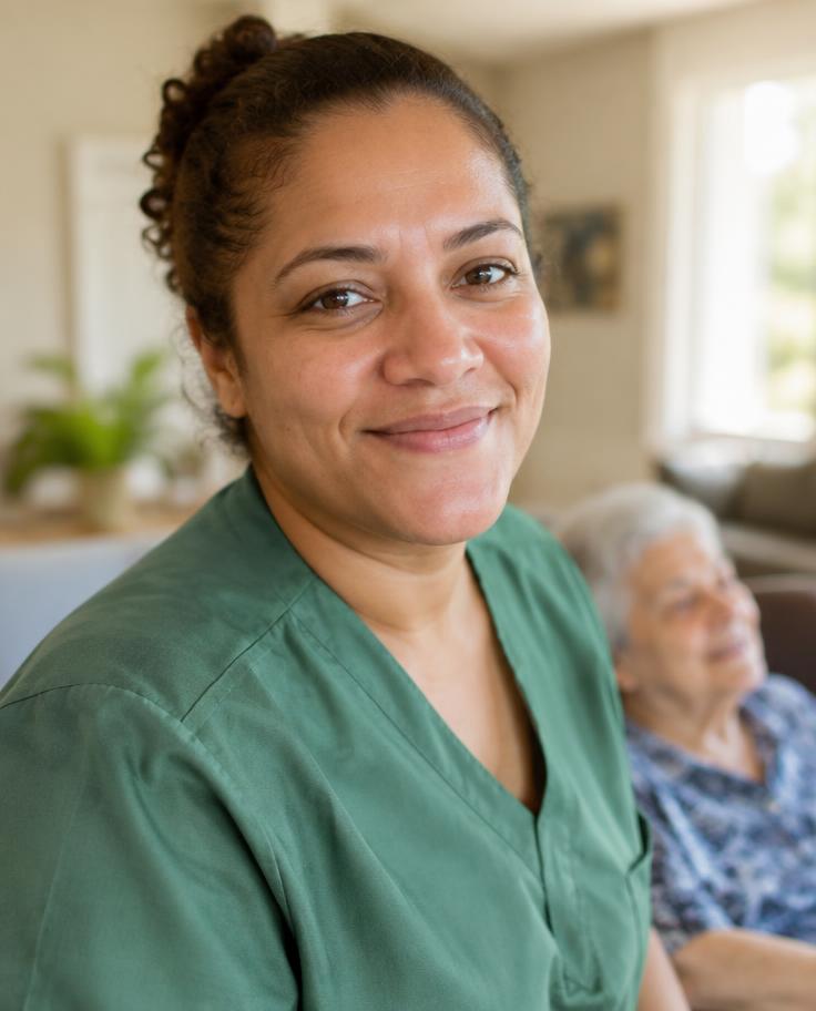 Cuidadora sorrindo ao lado de uma residente