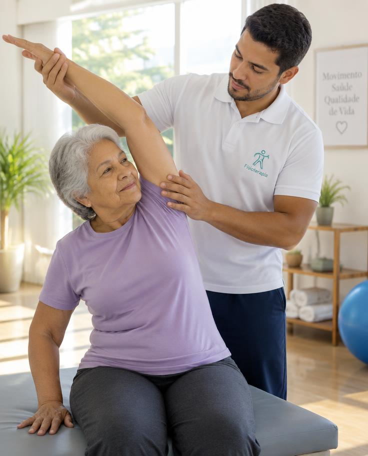 Fisioterapeuta auxiliando uma senhora em exercício